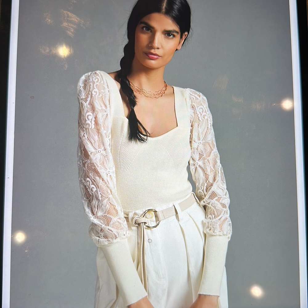 Cream Anthropologie Lace Sleeve Sweater XL